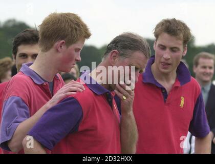 Le prince de Galles flanqué par le prince Harry (à gauche) de son fils et le prince William après avoir joué pour Highgrove contre le parc Cirencester dans le Trophée ladbrokes.com au club de polo de Cirencester Park. Highgrove beat Cirencester Park. Banque D'Images