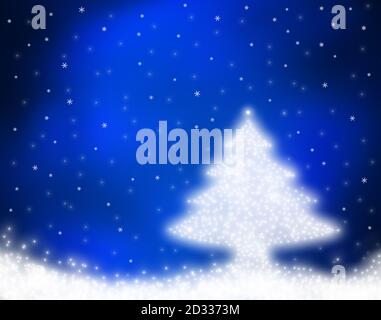 Sapin de Noël fin, arrière-plan abstrait avec lumières de bokeh et flocons de neige Banque D'Images