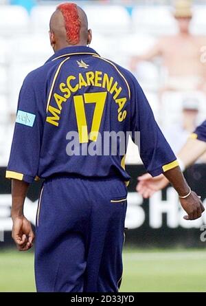 Hampshire Hawks Bowler Dimitri Mascarenhas avec une coupe de cheveux Mohican, lors de leur tote Sport League Division un match contre Essex Eagles à Chelmsford, Essex. Banque D'Images