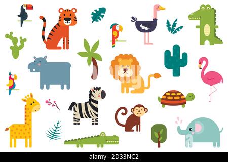 Ensemble d'animaux et d'oiseaux tropicaux vectoriels colorés populaires Illustration de Vecteur