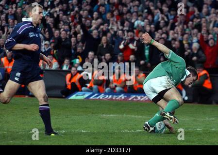 Brian O Driscoll (rt) se joint à lui pour marquer son tour de chapeau à essayer pour l'Irlande contre l'Écosse lors de leur match des six Nations Lloyds TSB à Lansdowne Road à Dublin, en République d'Irlande. Banque D'Images