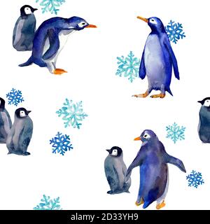 Motif aquarelle sans coutures avec ours blancs et pingouins. Animaux d'hiver avec flocons de neige. Couleurs froides. Design pour la décoration du nouvel an, couvertures, Banque D'Images