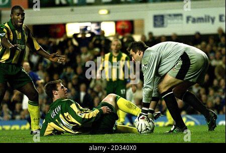 Un mélange entre Russell Hoult (à droite) et Shaun Gregan (au centre) provoque la panique dans la bouche de but de West Bromwich Albion, lors de leur match de First ership FA Barclaycard contre Everton, au terrain Goodison Park d'Everton à Liverpool. Note finale: Everton 1, West Bromwich Albion 0. CETTE IMAGE NE PEUT ÊTRE UTILISÉE QUE DANS LE CONTEXTE D'UNE FONCTION ÉDITORIALE. AUCUNE UTILISATION DE SITE WEB/INTERNET À MOINS QUE LE SITE NE SOIT ENREGISTRÉ AUPRÈS DE L'ASSOCIATION DE FOOTBALL PREMIER LEAGUE. Banque D'Images