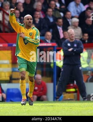 Leon McKenzie, de Norwich City, célèbre le score en tant que directeur de Crystal Palace Ian Dowie est sur la ligne de contact découragée Banque D'Images