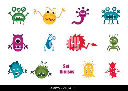 Bactéries et germes colorés ensemble micro-organismes objets pathogènes, bactéries, virus, microbes pandémiques, champignons. Dessin animé vectoriel isolé Illustration de Vecteur