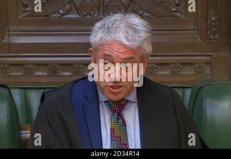 Le président John Bercow parle lors de questions au premier ministre à la Chambre des communes, Londres. Banque D'Images