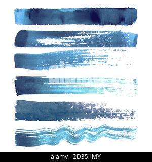Ensemble de traits de pinceau aquarelle texturés bleu marine isolés arrière-plan blanc Banque D'Images