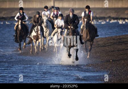 Cavaliers de prendre part à la chasse des croisés au crépuscule sur la plage de Musselburgh au début de la semaine de festival de Musselburgh. Banque D'Images