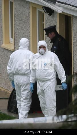 Gardaï sur la scène du village de Monageer, près d'Enniscorthy, à Co Wexford, où quatre membres d'une famille - deux enfants et leurs parents - ont été trouvés morts. Banque D'Images