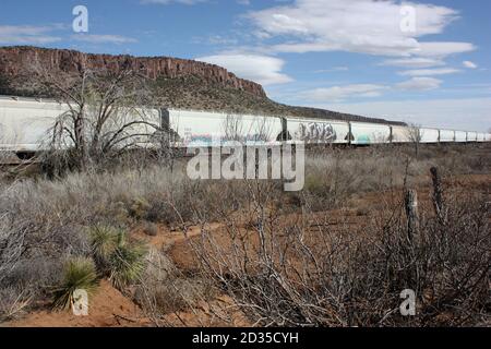 Voitures de chemin de fer Graffitied du train d'amour alignées l'horizon contre le rocher rouge butte sous ciel bleu clair Banque D'Images