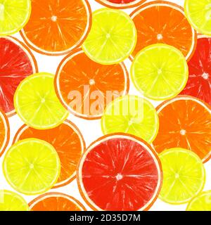 Aquarelle dessin sans couture dessiné à la main avec des tranches de citron, d'orange et de pamplemousse sur fond blanc Banque D'Images