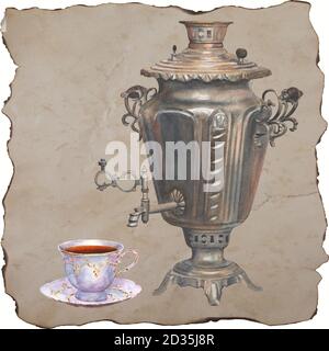 Collection d'aquarelles à l'heure du thé dessinées à la main. Samovar et tasse de thé en porcelaine sur fond de papier ancien Banque D'Images