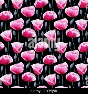 Motif aquarelle peint à la main sans couture avec fleurs et bourgeons de pavot sur fond noir Banque D'Images