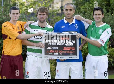 PHOTO SPÉCIALE - PUBLIÉE EXCLUSIVEMENT PAR L'ASSOCIATION DE PRESSE POUR UTILISATION PAR LES JOURNAUX NATIONAUX ET RÉGIONAUX - ROYAUME-UNI ET IRLANDE UNIQUEMENT. AUCUNE VENTE. (De gauche à droite) Jamie Murphy de Motherwell, Paddy McCourt du Celtic, Madjid Bougherra des Rangers et Ian Murray de Hibernian font la promotion de la couverture par ESPN de la Clydesdale Bank Scottish Premier League pour la nouvelle saison lors d'un appel photo au Hilton de Glasgow. Date de la photo : vendredi 13 août 2010. Le crédit photo devrait se lire : Aileen Wilson/Rangers FC/PA. POUR PLUS D'IMAGES DES RANGERS OU POUR OBTENIR UNE LICENCE POUR D'AUTRES UTILISATIONS, VEUILLEZ CONTACTER EMPICS - 0115 844 7447 Banque D'Images