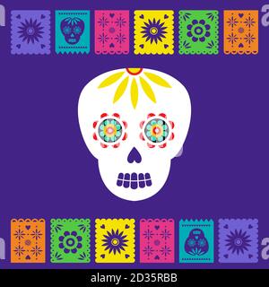 Jour des morts, Dia de los muertos, bannière avec des icônes mexicaines traditionnelles colorées. Fiesta, affiche des fêtes, circulaire de fête, carte de vœux amusante Illustration de Vecteur