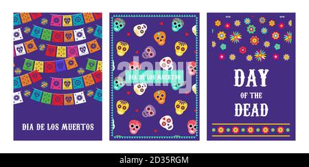 Jour des morts, Dia de los muertos, cartes de vœux aux motifs mexicains traditionnels colorés. Fiesta, affiche des fêtes, circulaire de fête, message d'accueil amusant Illustration de Vecteur