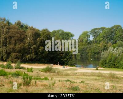 Personnes bénéficiant du soleil de fin d'été au lac Lynford Water en septembre, Norfolk, Royaume-Uni Banque D'Images