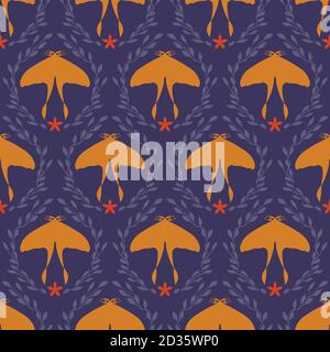 Papillon orange. Branches violettes florales. Damas brillant laisse un motif vectoriel. Illustration vectorielle Illustration de Vecteur