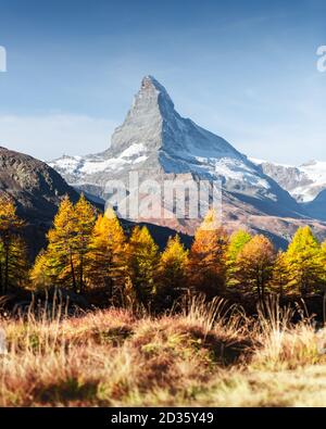 Incroyable lever de soleil coloré sur le lac Grindjisee avec le sommet Cervino de Cervin dans les Alpes suisses. Hôtel Zermatt, Suisse. Photographie de paysage Banque D'Images