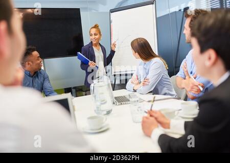 Jeune femme d'affaires donnant une présentation sur le tableau blanc dans l'atelier du projet Banque D'Images