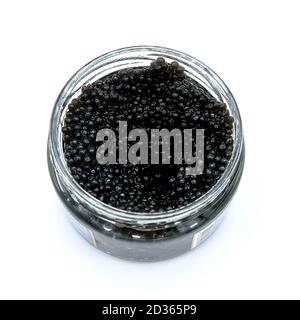 Ouvrez le pot en verre de caviar noir sur fond blanc isolé. Une délicatesse faite à partir des oeufs de l'esturgeon. Cuisine de luxe de Volga en Russie. Vue de dessus de Banque D'Images