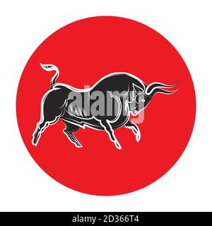 Chargement de taureau noir et blanc. Boeuf sauvage dynamique. Silhouette de bétail mâle. Contour élégant animal isolé sur fond de cercle rouge. Pour la corrida, lo Illustration de Vecteur