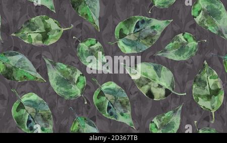 Aquarelle feuilles vertes sur fond gris motif sans couture. Illustration pour cartes, housse, textile, tissu de doublure Banque D'Images