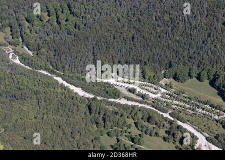 Parc national d'Ordesa y Monte Perdido. Huesca, Aragon, Espagne. Forêt dans la vallée d'Ordesa, vue aérienne. Banque D'Images