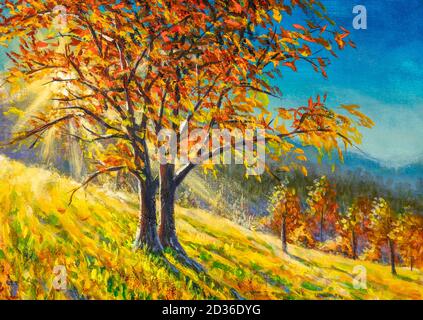 Peinture d'automne. Œuvres d'art d'automne. Illustration du parc d'automne. Arbres d'automne et feuilles en rayons du soleil. Scène d'automne Banque D'Images
