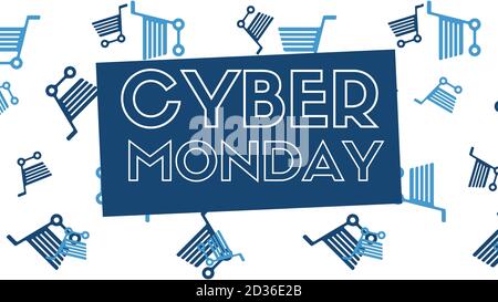 Illustration pour promouvoir Cyber Monday. Arrière-plan blanc avec des paniers de magasinage dans des tons bleus. Les lettres sont en blanc avec un arrière-plan bleu foncé. Banque D'Images
