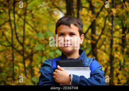 Adolescent sérieux avec un ordinateur portable et des manuels faisant des devoirs et se préparant à l'examen dans le parc parmi les arbres. Le concept de l'apprentissage lourd, un Banque D'Images