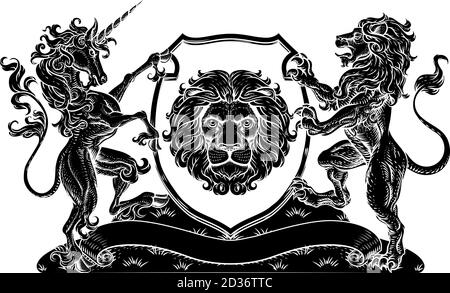 Manteau d'armoiries Unicorn Lion Crest Shield Family Seal Illustration de Vecteur