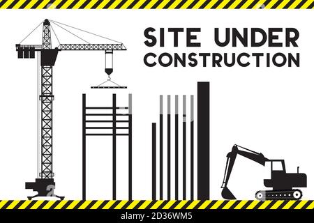 en chantier avec silhouettes de construction, grue et e Illustration de Vecteur