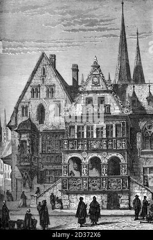 Gravure de l'hôtel de ville de Halberstadt dans l'État allemand de Saxe-Anhalt, la capitale du district de Harz, dans le 1500s. Illustration de 'l'histoire du protestantisme' par James Aitken Wylie (1808-1890), pub. 1878 Banque D'Images