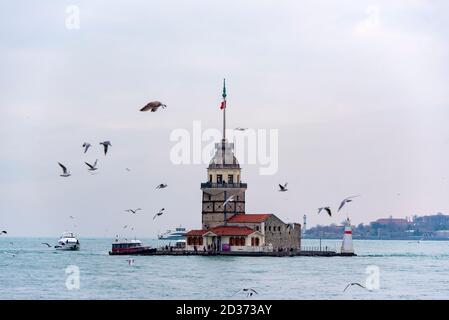 ISTANBUL - DEC 31 : mouette volante près de la Tour de Maiden ou de Kiz Kulesi, Bosphore avec des navires et des touristes le 31 décembre. 2019 en Turquie Banque D'Images