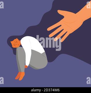 Vecteur de concept de fille stressée et frustrée. Scène d'accusation dans la vie, dépression dans le travail. La main humaine aide la femme solitaire. Une fille bouleversée s'assoit et la déchoit Illustration de Vecteur