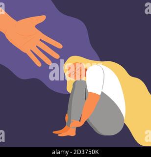 Vecteur de concept de fille stressée et frustrée. Scène d'accusation dans la vie, dépression dans le travail. La main humaine aide la femme solitaire. Une fille bouleversée s'assoit et la déchoit Illustration de Vecteur