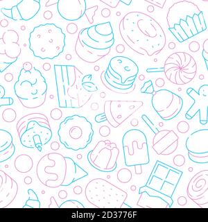 Motif desserts. Enfants délicieux nourriture gâteaux sucrées biscuits gelée glace crème Lollipop cupcakes vector fond sans couture Illustration de Vecteur