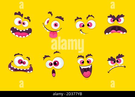 Visages de dessin animé. Emotions smirk expressions, sourire bouche avec des dents et des yeux effrayés personnages collection de vecteur Illustration de Vecteur