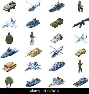 Transport militaire. Armée gadget armure uniforme armes fusils chars grenades outils de sécurité vecteur isométrique Illustration de Vecteur