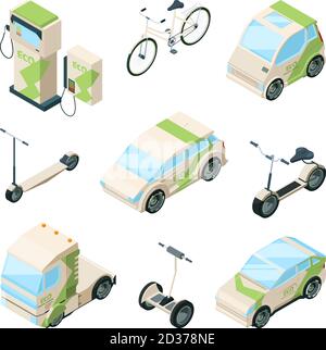 Transport écologique. Voitures électriques scooter skate vélos gyrocopter bus isométrique écologie technique images vectorielles Illustration de Vecteur