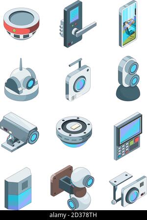 Caméras de sécurité. Alarme sans fil intelligente maison sécurité dispositif de vidéosurveillance vecteur de surveillance images isométriques isolées Illustration de Vecteur