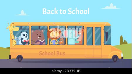 Autobus scolaire. Animaux de zoo personnages de retour à l'école sur bus jaune vecteur apprentissage concept d'éducation Illustration de Vecteur