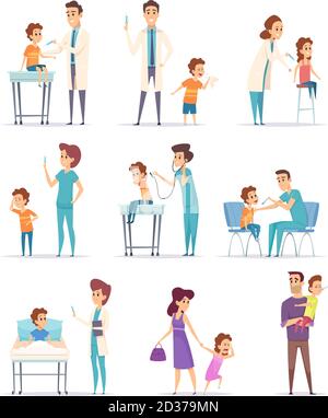 Vaccination. Enfants à l'hôpital avec médecin faisant l'injection filles et garçons vecteur d'illustrations médicales Illustration de Vecteur