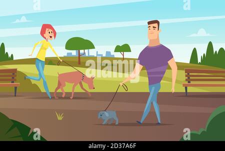 Animaux de compagnie marchant. Animaux heureux propriétaires à l'extérieur dans le parc courir ou à vélo avec chiens vecteur d'activité arrière-plan Illustration de Vecteur