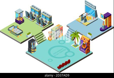 Centre de jeux. Parc d'attractions pour les enfants jouant aux machines de jeux d'arcade simulateur de racer boxe Pinball modèle isométrique vectoriel Illustration de Vecteur