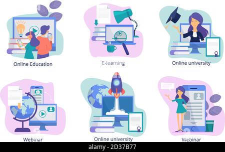 Formation en ligne. Web étude à distance des formations didacticiels webinaires et des cours pour les étudiants de professeurs vecteur concept images Illustration de Vecteur