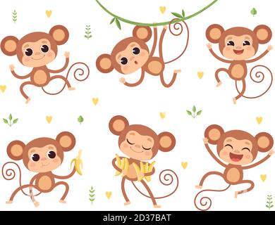 Singes mignons. Jungle animaux sauvages bébé petits singes jouant des personnages vectoriels dans les poses d'action Illustration de Vecteur