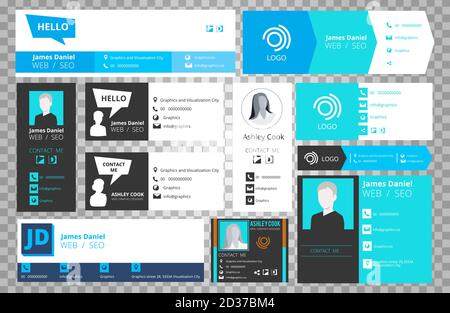 Modèles de signature d'e-mail isolés sur fond transparent. Cartes de visite professionnelle de bureau Vector pour la collecte d'interface utilisateur de messagerie Web Illustration de Vecteur