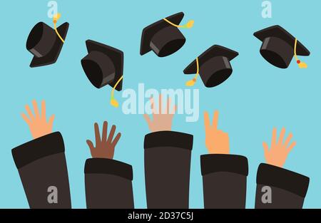 Les étudiants jettent des capsules de graduation dans le fond du vecteur d'air Illustration de Vecteur